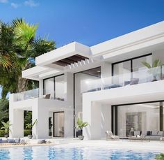 an artist's rendering of a modern house with pool and palm trees in the background