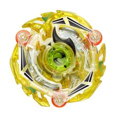 the top view of a yellow, green and black spinning toy on a white background