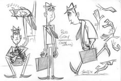 three sketches of people in suits and ties, one is holding a briefcase while the other has
