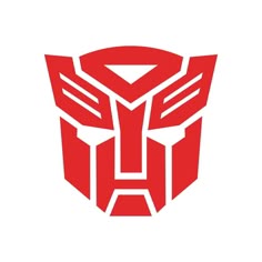 a red and white logo with the shape of a robot's head