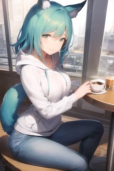a woman sitting at a table with a cup of coffee in front of her and a cat ears on her head