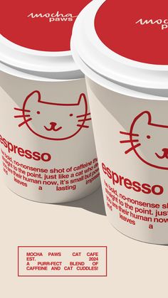 two cups of coffee with cat faces drawn on the top and bottom one is red