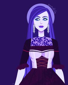 a woman with purple hair and blue eyes wearing a black dress is standing in front of a dark background