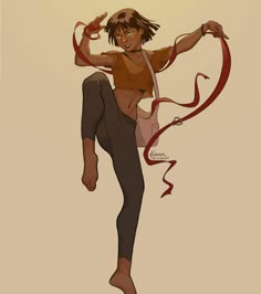 a drawing of a woman dancing with a red ribbon around her neck and hands in the air