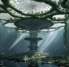an artistic rendering of a futuristic city in the forest with trees growing out of it