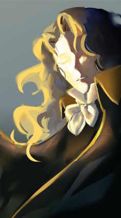 a digital painting of a man with long hair and a bow tie on his neck