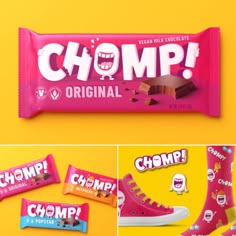 a pink candy bar with the word chomp on it and an image of a pair of shoes next to it