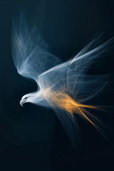 an abstract photo of a bird flying in the air with yellow and white lines on its wings