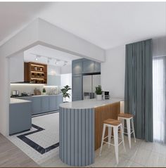 an image of a modern kitchen setting with bar stools