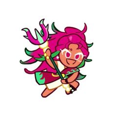 a cartoon character with pink hair and glasses holding a green stick in her hand while flying through the air