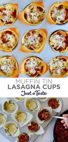 Top image: A top-down view of lasagna cups in a muffin tin. Bottom image: A hand holding a spoon containing lasagna sauce adds sauce atop wonton cups containing a cheese mixture.