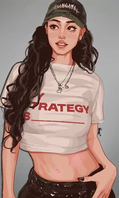 a drawing of a woman with long hair wearing a white shirt and black pants, standing in front of a gray background