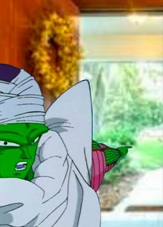 an animated image of a woman with green hair and a white robe on her head