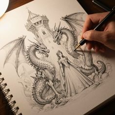 a drawing of a dragon and a woman with a castle in the background is shown