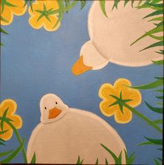 an acrylic painting of a duck surrounded by flowers