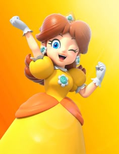 a cartoon character in a yellow dress with her arms up and eyes wide open, standing on top of a ball