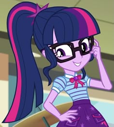 a cartoon girl with glasses talking on her cell phone