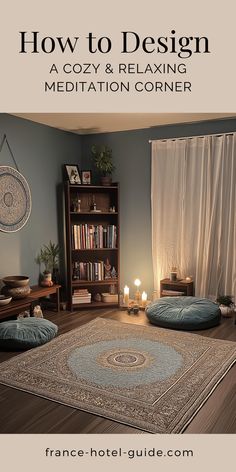 a cozy and relaxing meditation corner with candles on the floor, bookshelf in the background