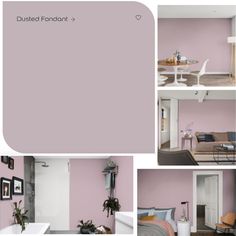 a collage of photos showing different rooms painted in shades of pink and grey, including the bedroom