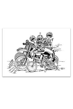a black and white drawing of three people on motorcycles