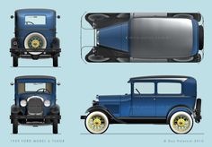 an old blue car is shown in three different views
