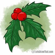 a drawing of two holly berries with green leaves