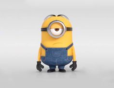 a minion with big eyes and overalls standing in front of a white background