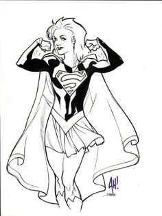 a black and white drawing of a woman in a superman costume with her hands on her head