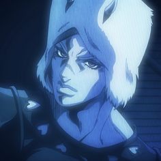 an anime character with white hair and blue eyes looking at something in the dark room