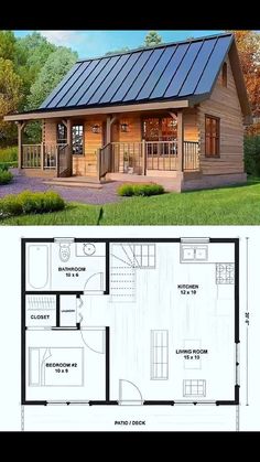 a small cabin is shown with the floor plan