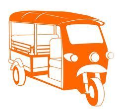 an orange and white drawing of a small truck with a face on the front wheel