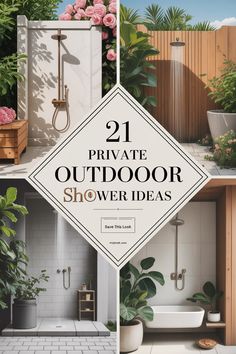 an outdoor shower with pink flowers and greenery in the background, surrounded by potted plants