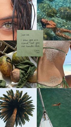 a collage of photos with words written on them and pictures of people in the water