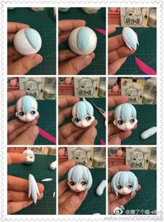 the instructions for making an anime doll with blue hair and white eyes are shown in pictures