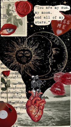 an altered collage with various images and words on the page, including a red heart