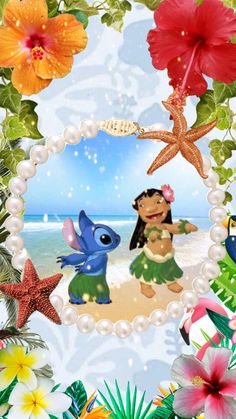 an image of some cartoon characters on the beach with flowers and leaves around them,