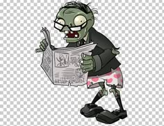 a cartoon zombie reading a newspaper while standing on one foot and looking at the viewer