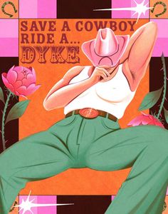a painting of a man in green pants and a pink cowboy hat with his hand on his hip