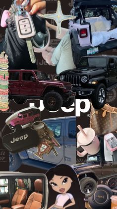 the collage shows many different types of cars and their interior features, including an suv