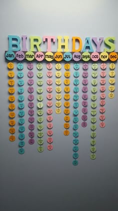 a sign that says birthdays hanging on the wall with many different colored buttons attached to it