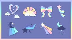 some paper cut outs that have different shapes and colors on them, including stars, clouds, and hearts