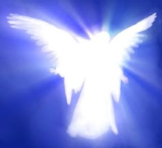 a white angel flying through the air with its wings spread out and glowing bright blue