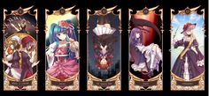 four anime style banners with different characters on them
