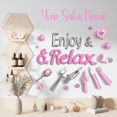 the words enjoy and relax are surrounded by various items in front of a white wall