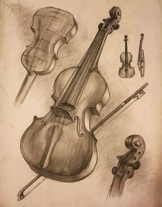 a drawing of a violin and other musical instruments