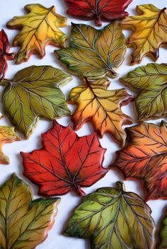 some leaves are laying on top of each other in the shape of an autumn leaf