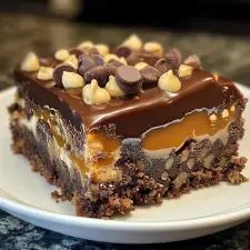 a piece of cake on a white plate with chocolate and peanut butter toppings in the middle
