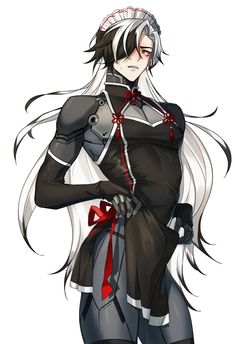 an anime character with long white hair wearing black and grey clothes, holding her hands on her hips