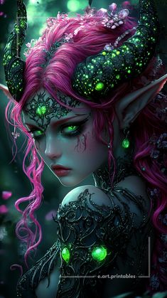 a woman with pink hair and green eyes is dressed up as a fairy in the forest