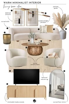 a living room with white furniture and wood accents